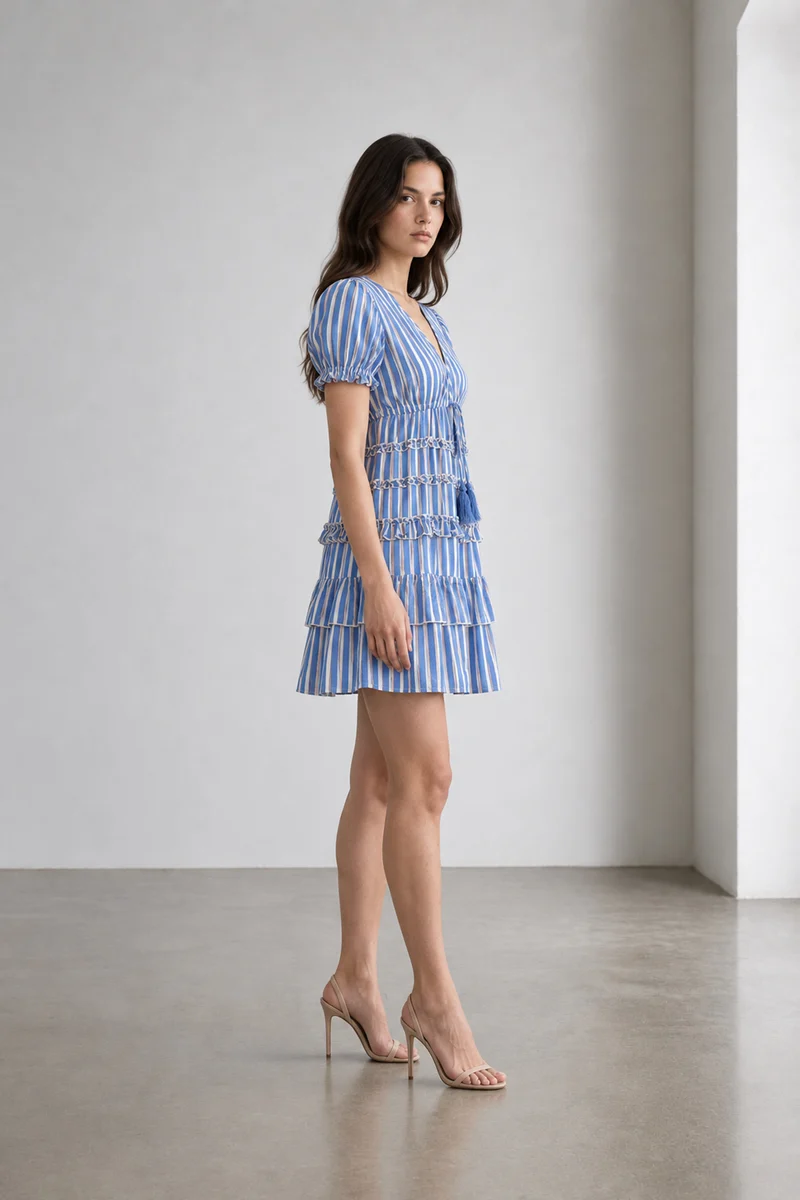 Esmi|Cotton Striped Tiered Tie Waist Dress
