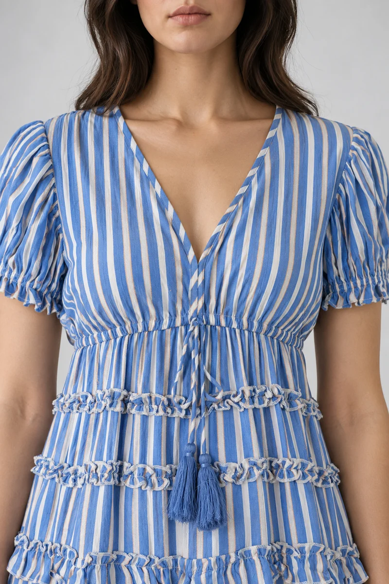 Esmi|Cotton Striped Tiered Tie Waist Dress