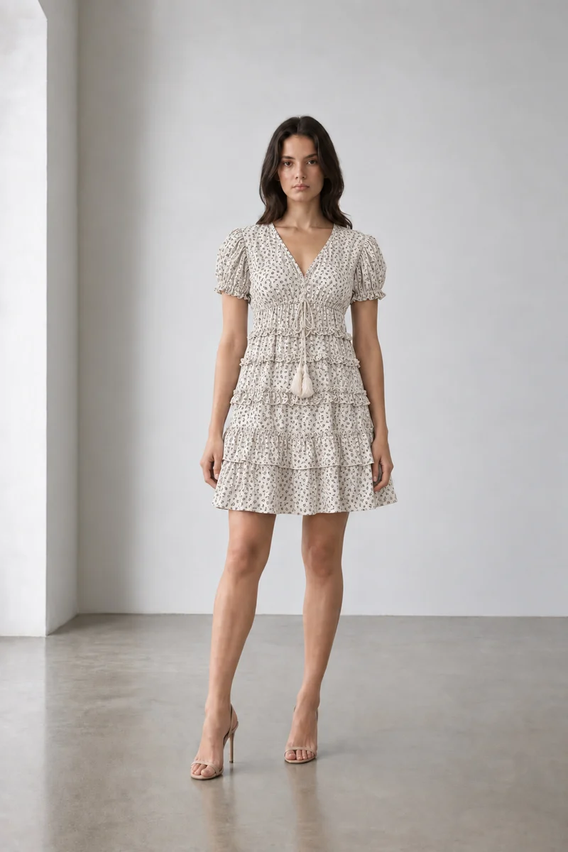 Evela|Cotton Floral Tiered Tie Waist Dress