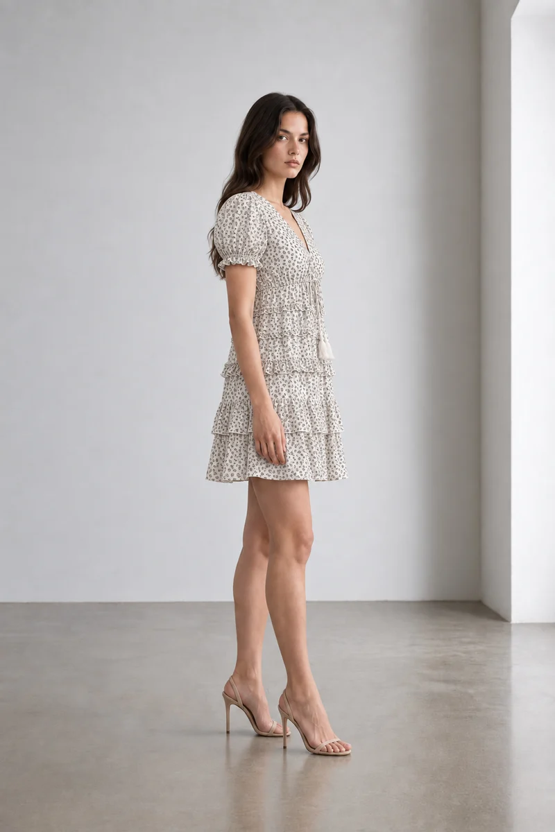Evela|Cotton Floral Tiered Tie Waist Dress