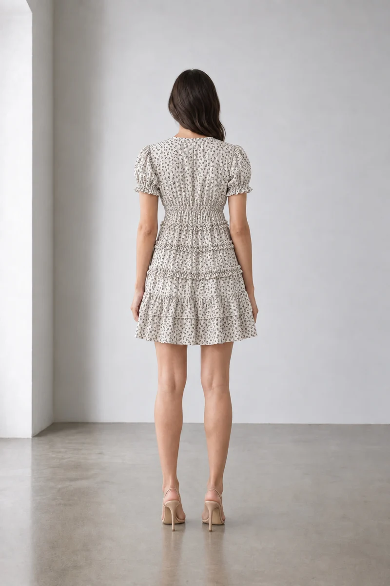 Evela|Cotton Floral Tiered Tie Waist Dress