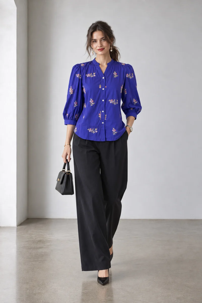 Lilou|Cotton Embroidered Mandarincollar Shirt