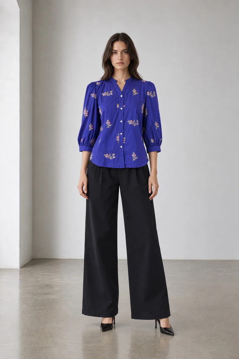 Lilou|Cotton Embroidered Mandarincollar Shirt