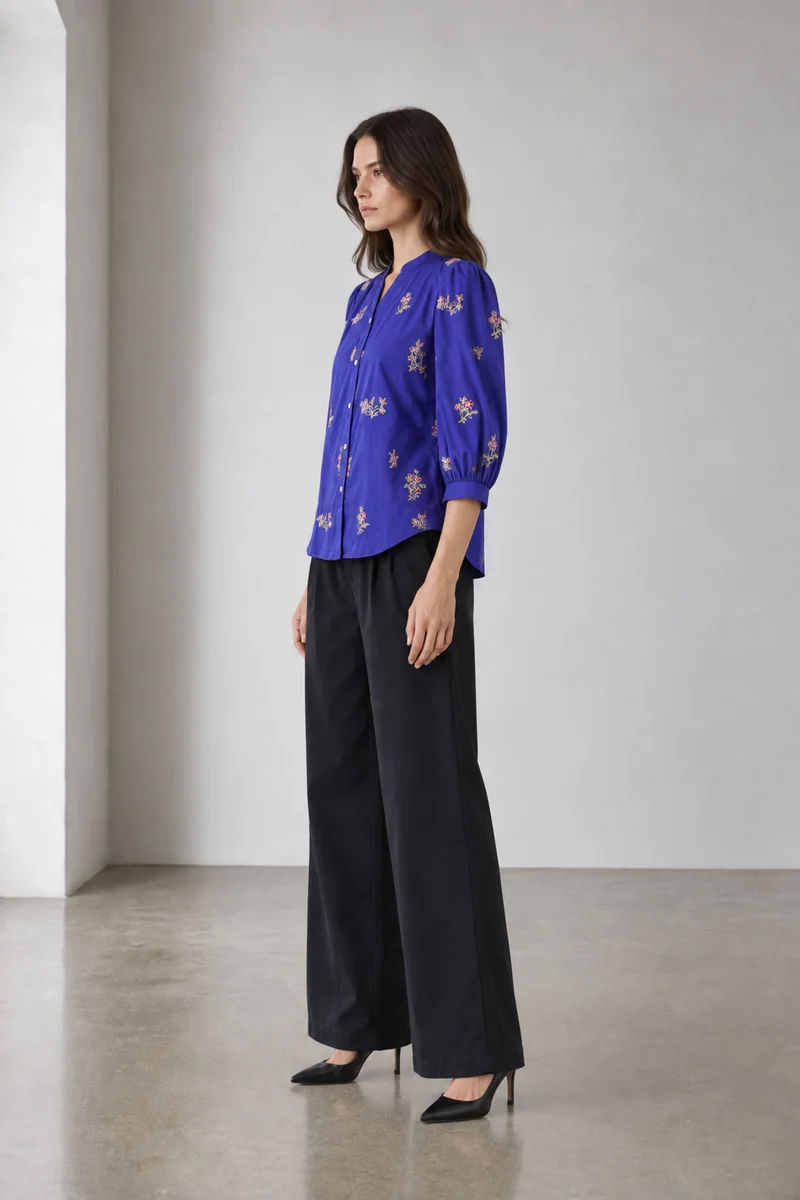 Lilou|Cotton Embroidered Mandarincollar Shirt