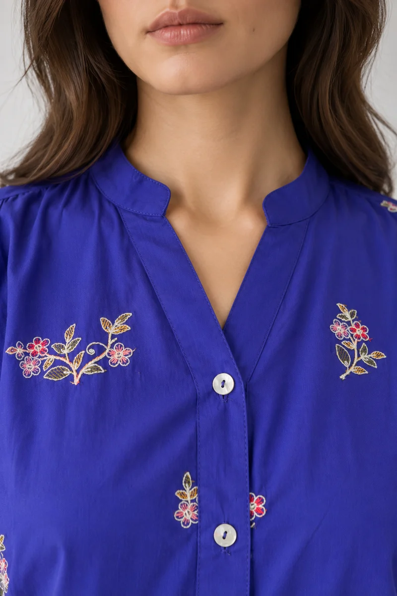 Lilou|Cotton Embroidered Mandarincollar Shirt