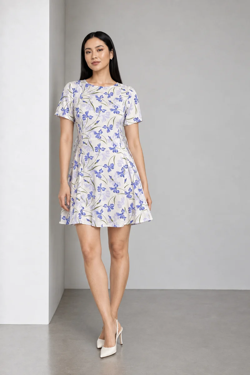 Olivra|Iris Print Short Sleeve Flared Mini Dress