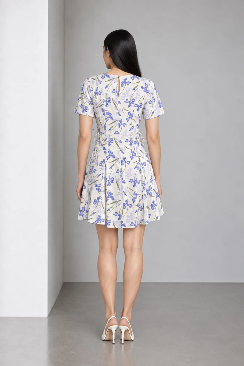 Olivra|Iris Print Short Sleeve Flared Mini Dress