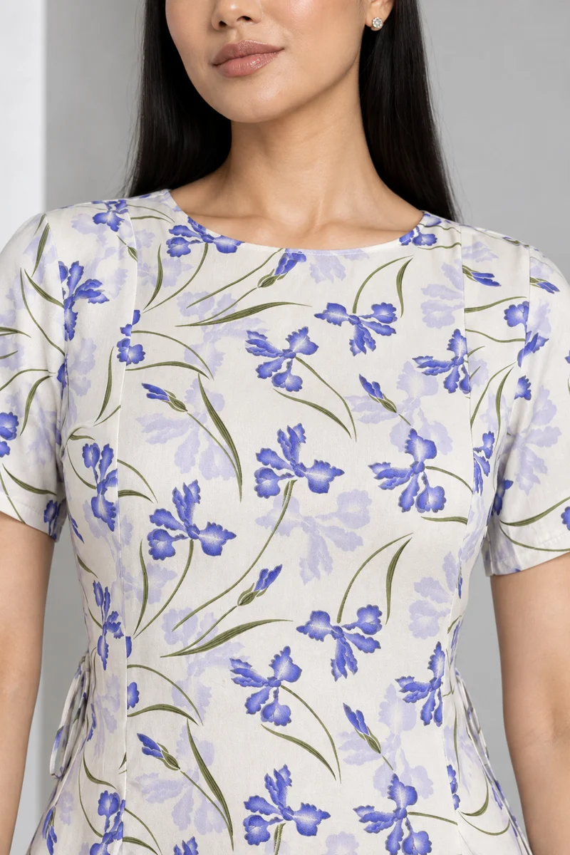 Olivra|Iris Print Short Sleeve Flared Mini Dress