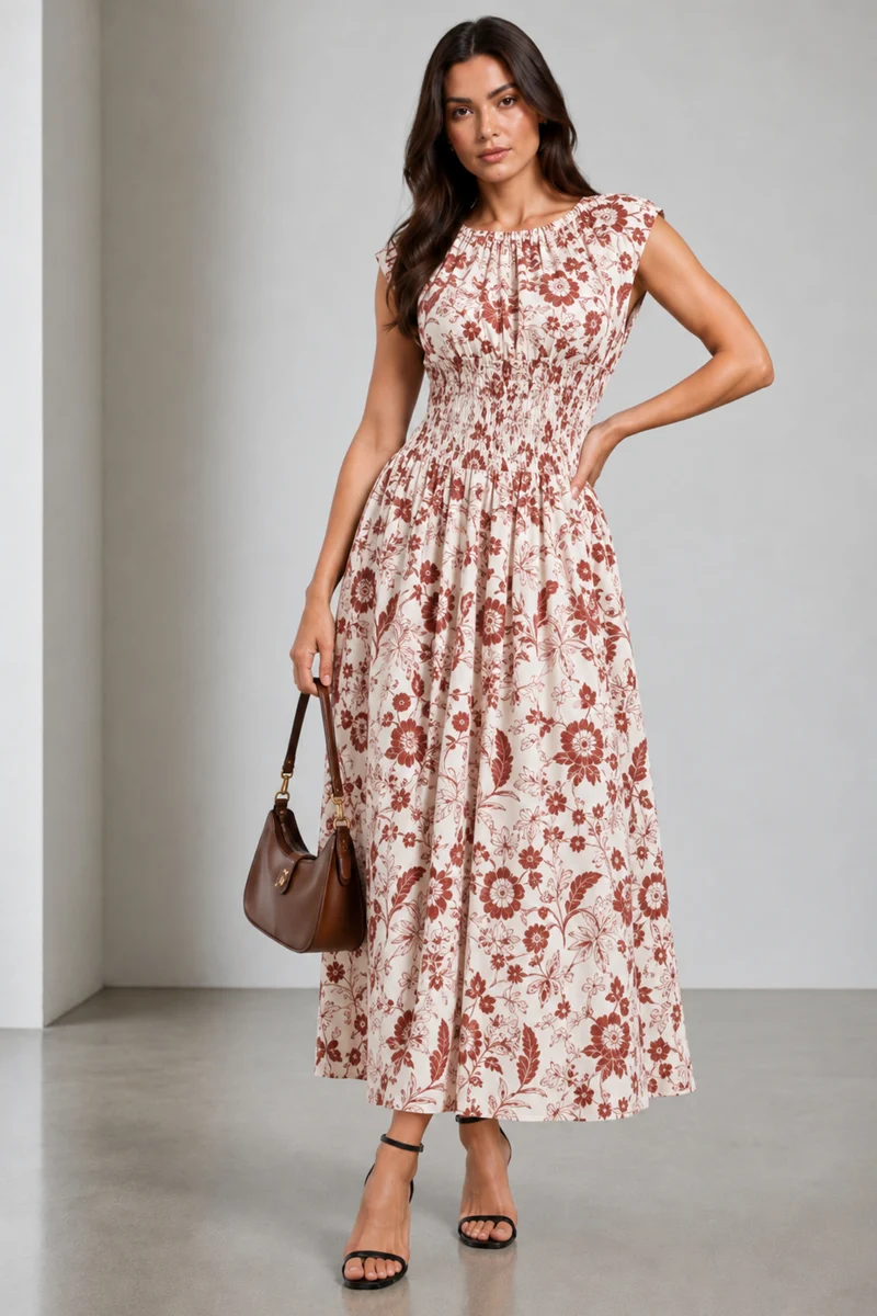 Anela|Cotton Smocked Waist Midi Dress