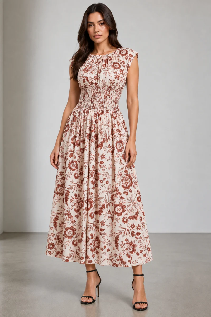 Anela|Cotton Smocked Waist Midi Dress