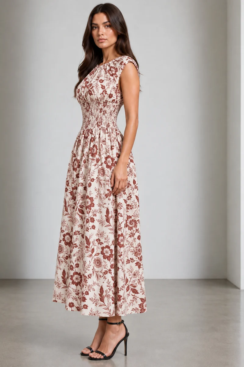 Anela|Cotton Smocked Waist Midi Dress