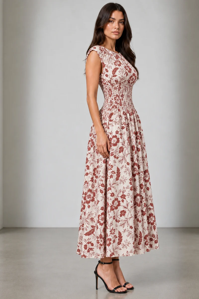 Anela|Cotton Smocked Waist Midi Dress