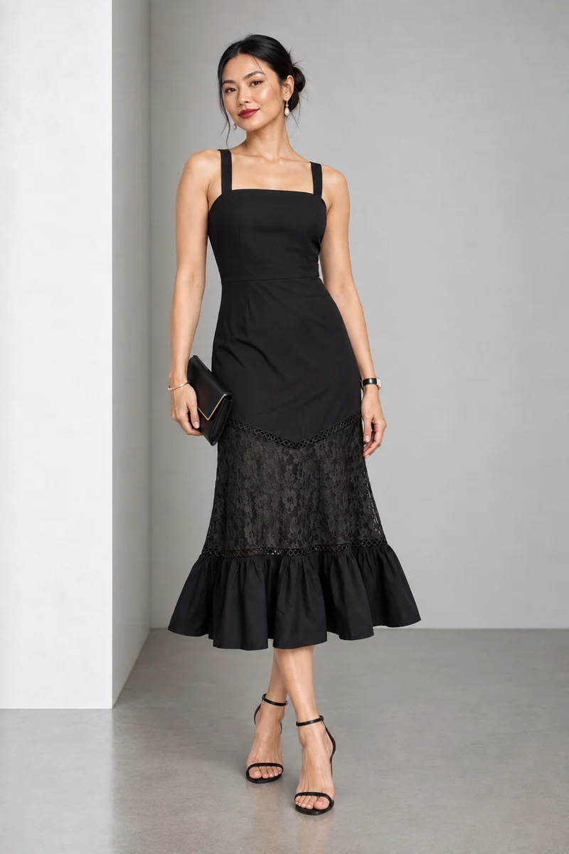 Oryn|Square Neck Lace Panel Tiered Midi Dress