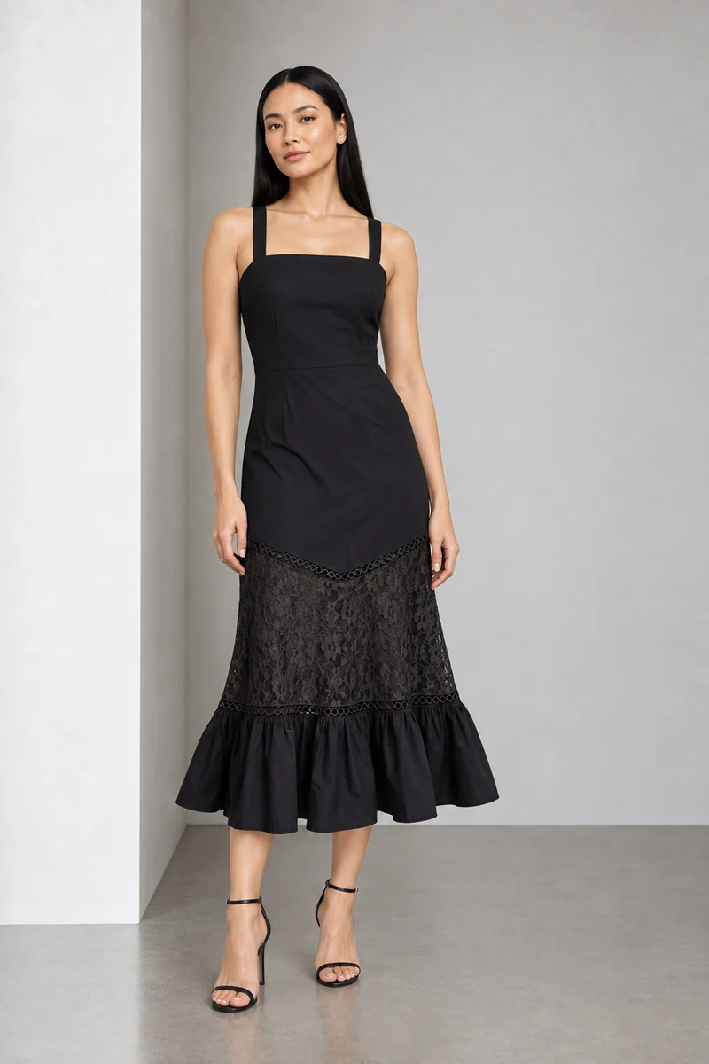 Oryn|Square Neck Lace Panel Tiered Midi Dress