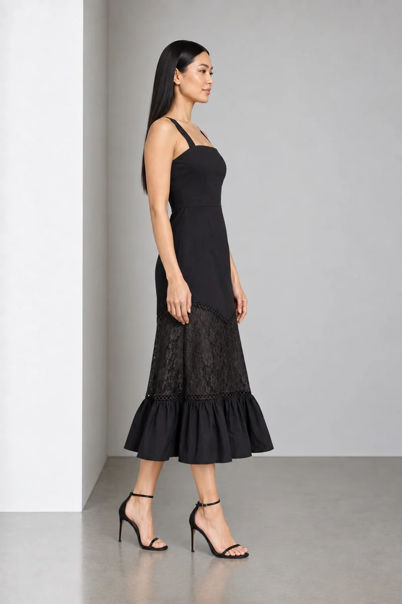 Oryn|Square Neck Lace Panel Tiered Midi Dress