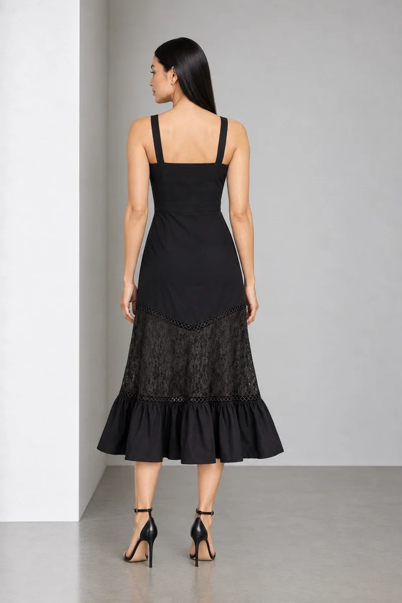 Oryn|Square Neck Lace Panel Tiered Midi Dress