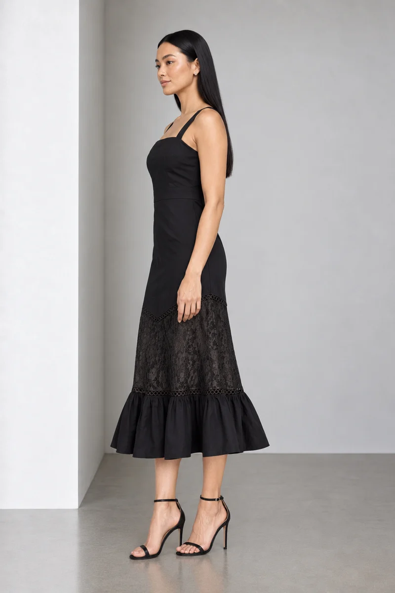 Oryn|Square Neck Lace Panel Tiered Midi Dress