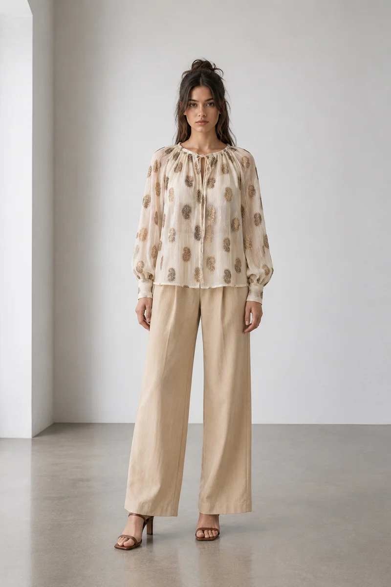Sereia|Viscose Gathered Puff Sleeve Top