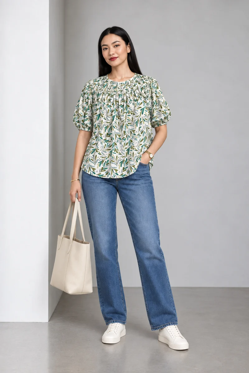 Sereva|Floral Leaf Print Balloon Sleeve Smocked Top