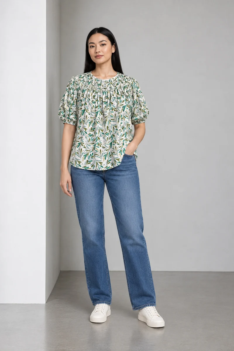 Sereva|Floral Leaf Print Balloon Sleeve Smocked Top