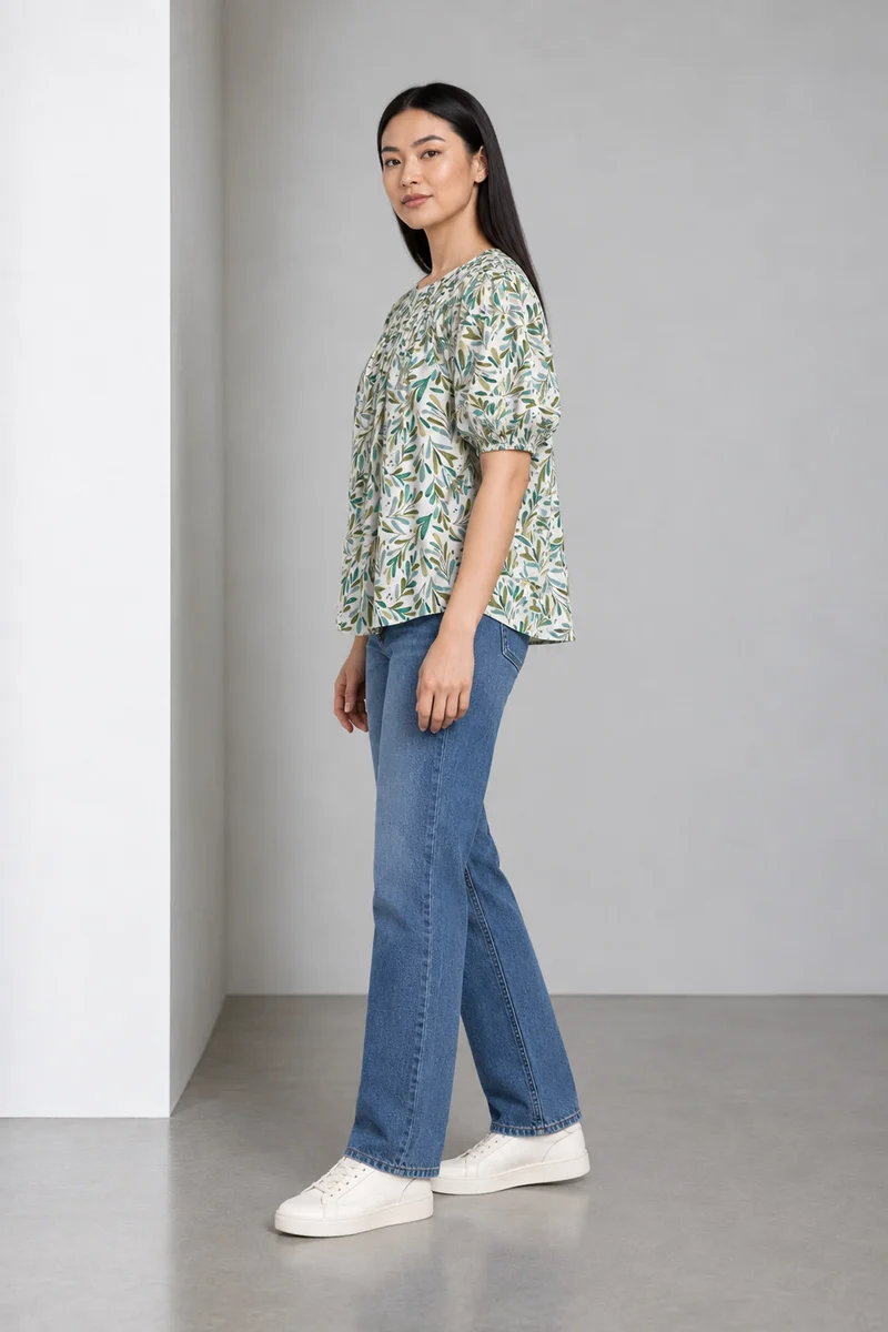 Sereva|Floral Leaf Print Balloon Sleeve Smocked Top