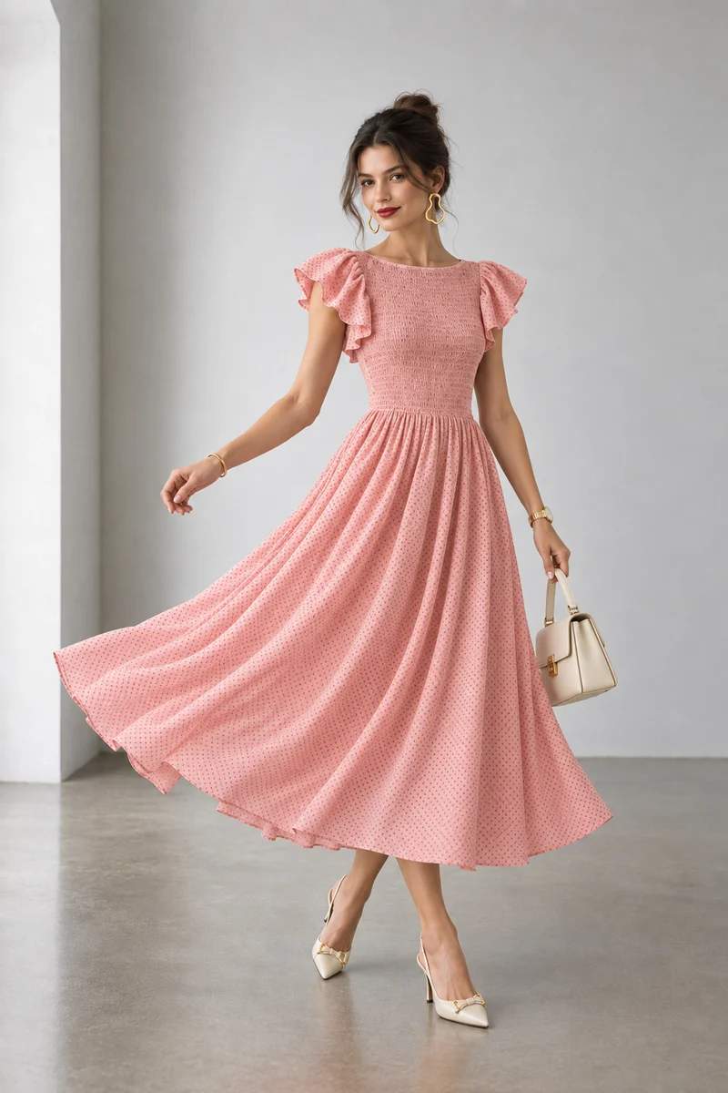 Pevia|Viscose Smocked Bodice Midi Dress