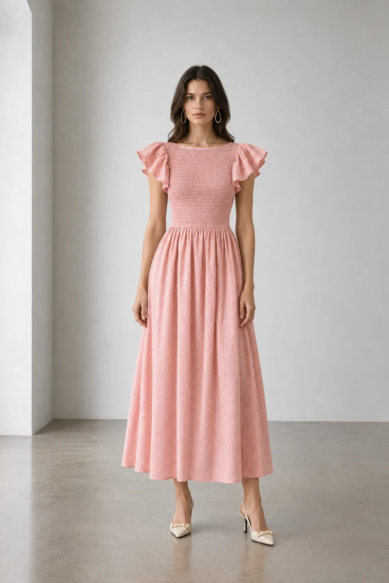Pevia|Viscose Smocked Bodice Midi Dress