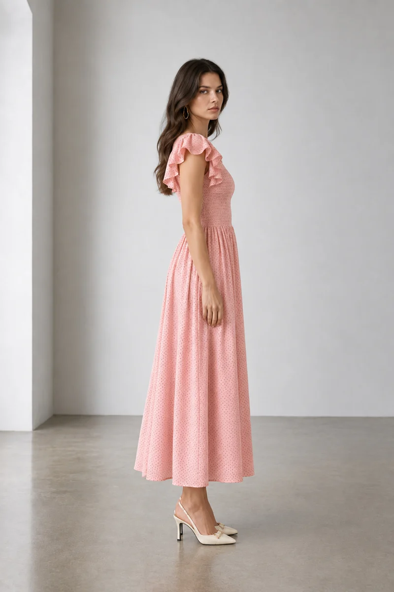 Pevia|Viscose Smocked Bodice Midi Dress