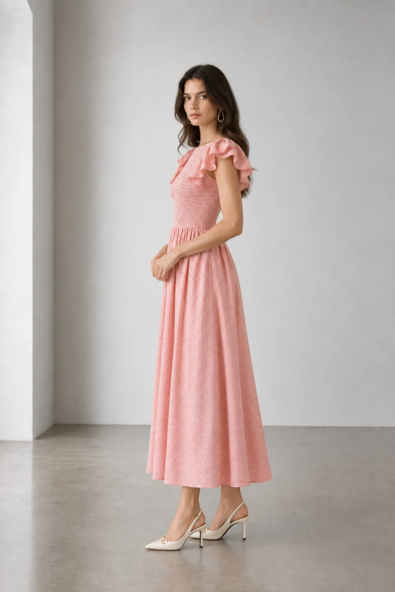 Pevia|Viscose Smocked Bodice Midi Dress