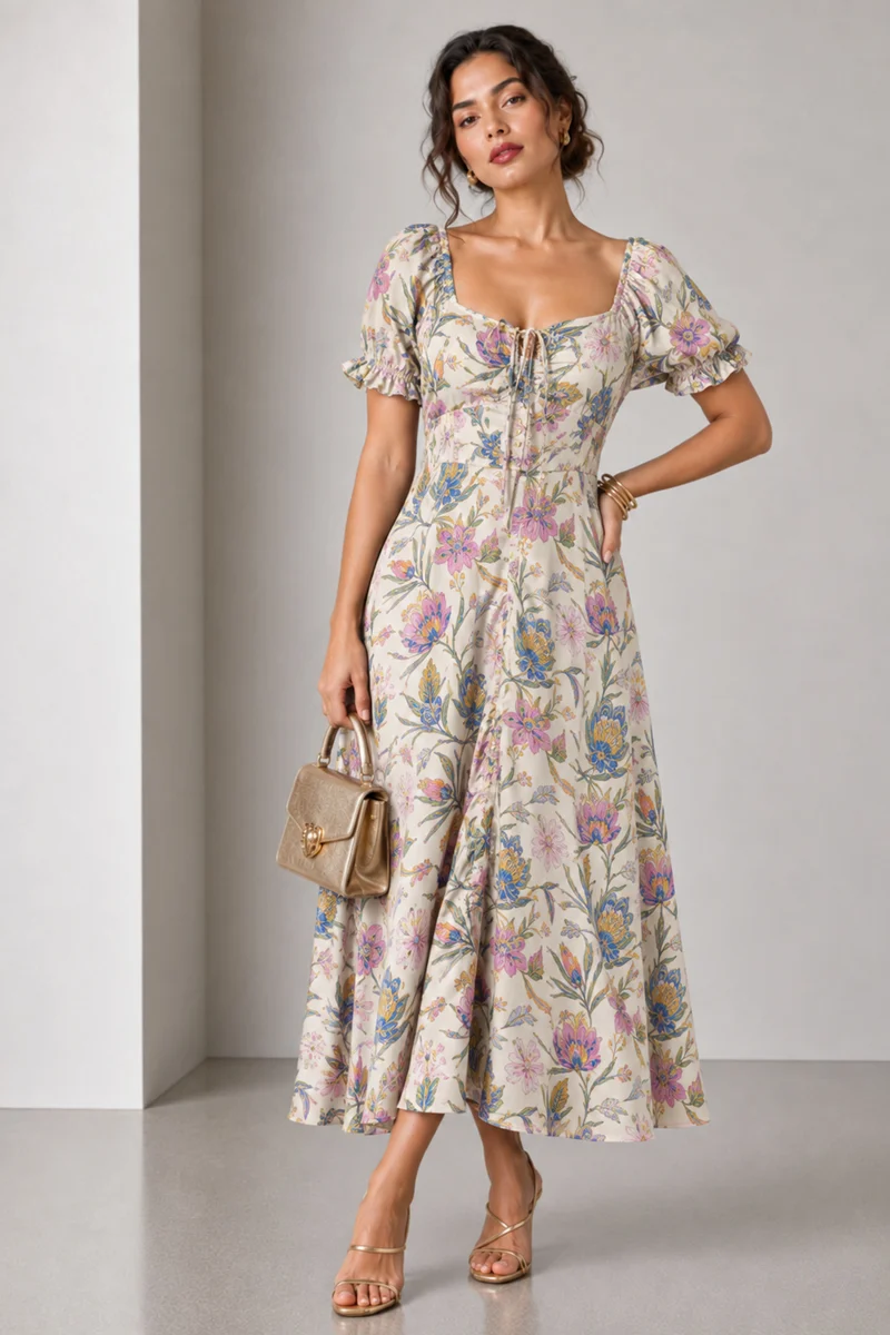 Sorelle|Cotton Sweetheart Neck Midi Dress