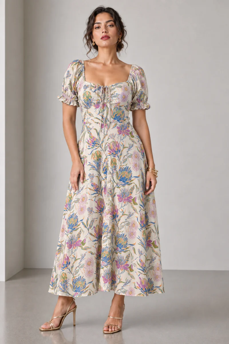 Sorelle|Cotton Sweetheart Neck Midi Dress