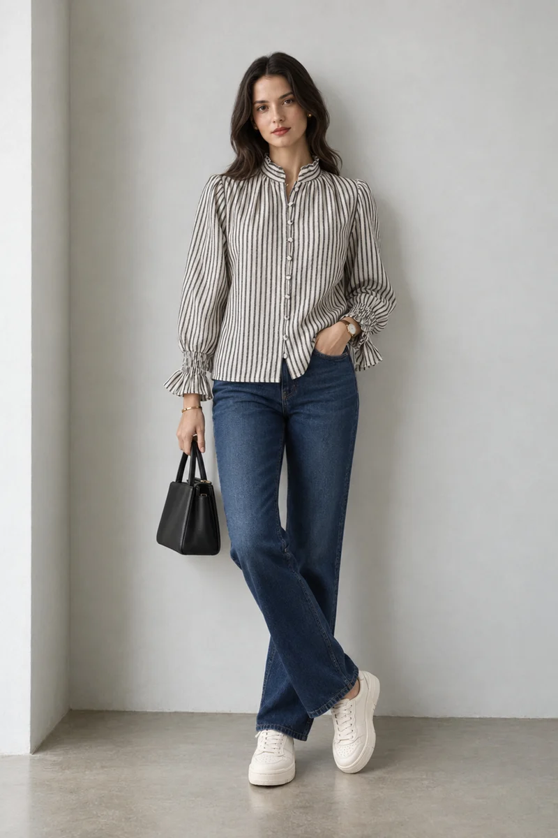 Evarae|Cotton Stripe Top With Ruffle Detail