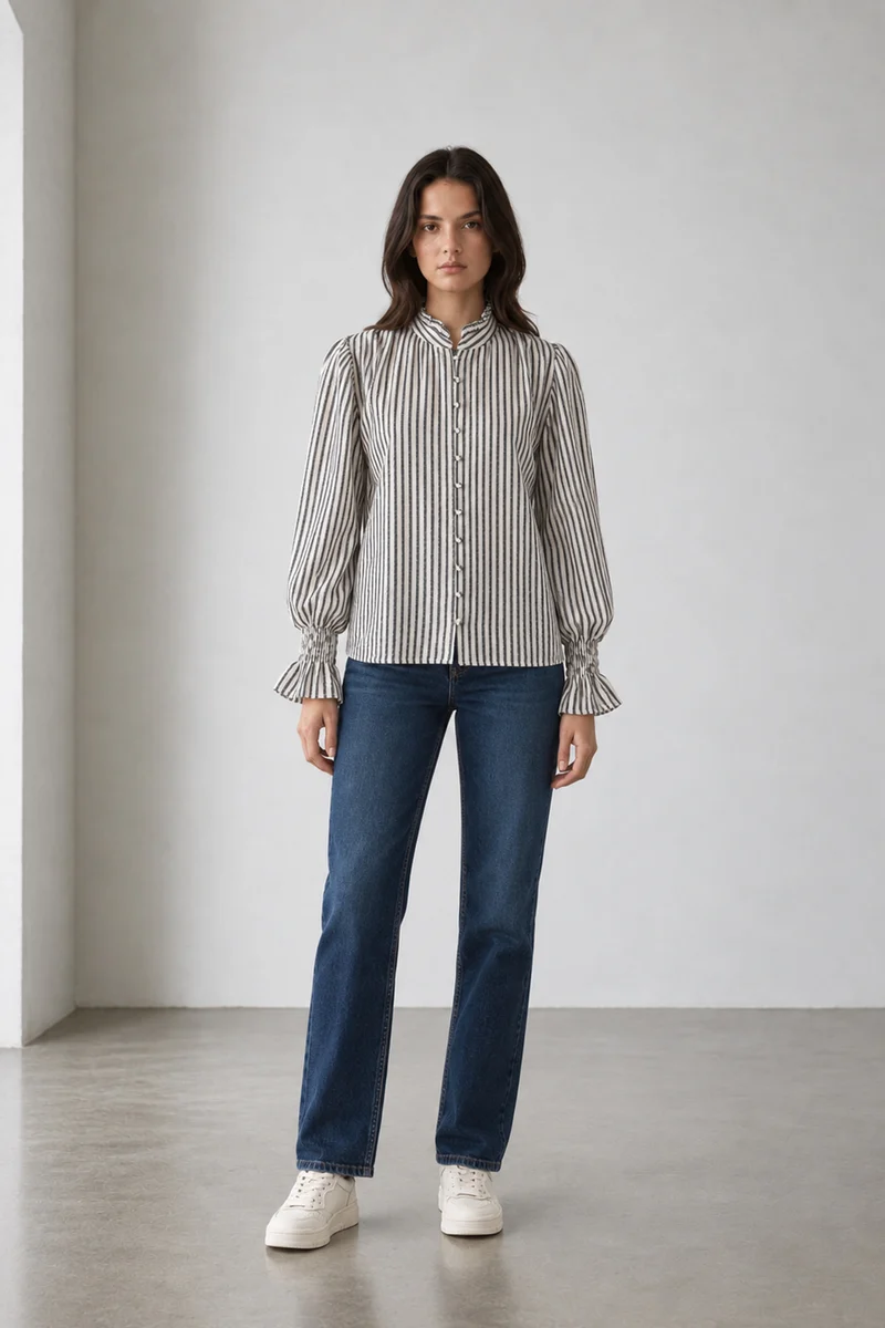 Evarae|Cotton Stripe Top With Ruffle Detail