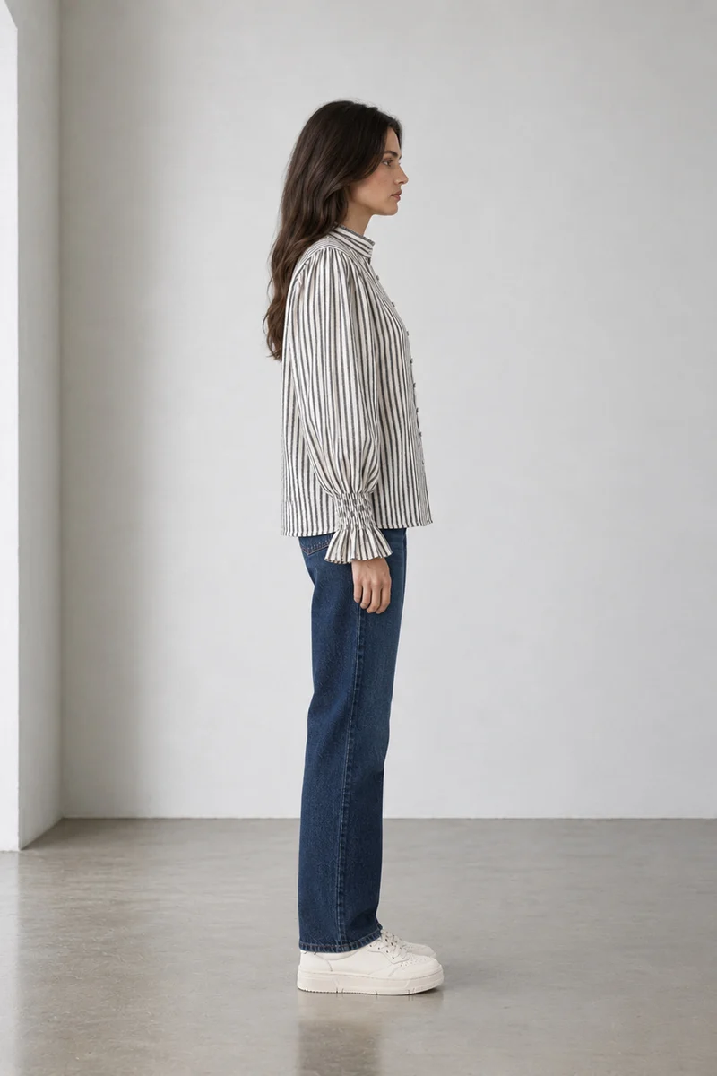Evarae|Cotton Stripe Top With Ruffle Detail