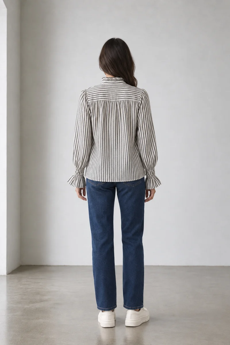 Evarae|Cotton Stripe Top With Ruffle Detail