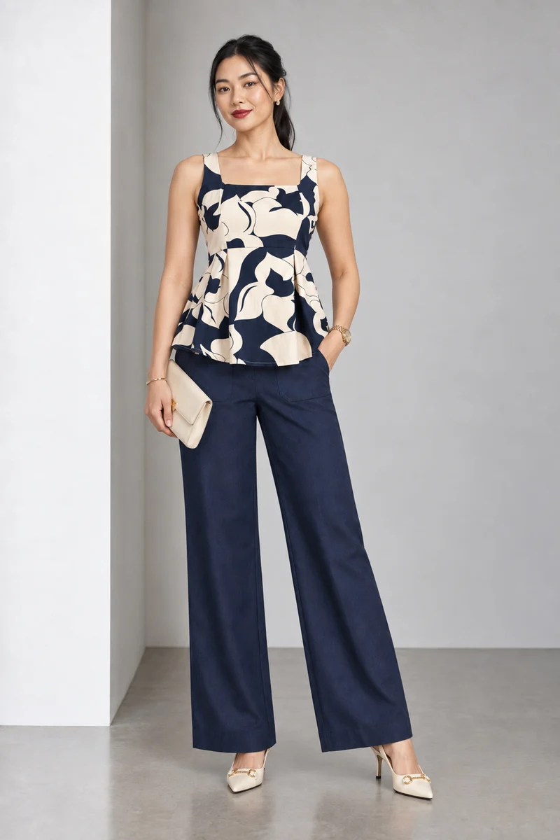 Lucen|Printed Poplin Slub Peplum Top