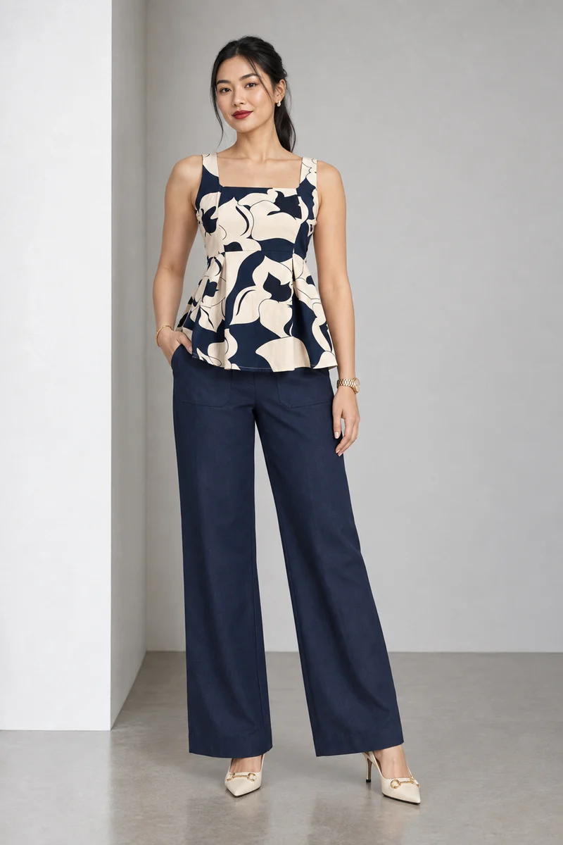 Lucen|Printed Poplin Slub Peplum Top