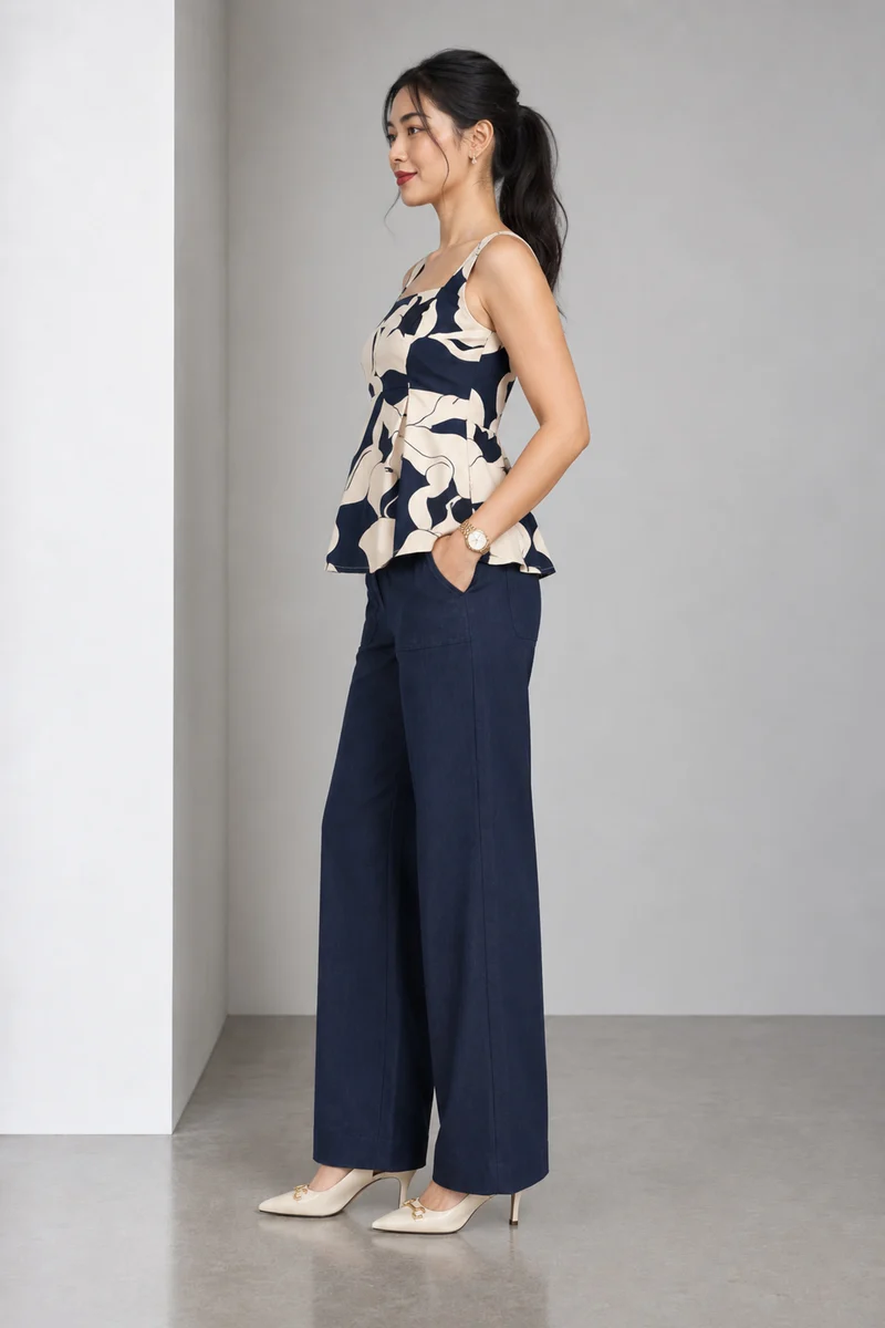 Lucen|Printed Poplin Slub Peplum Top