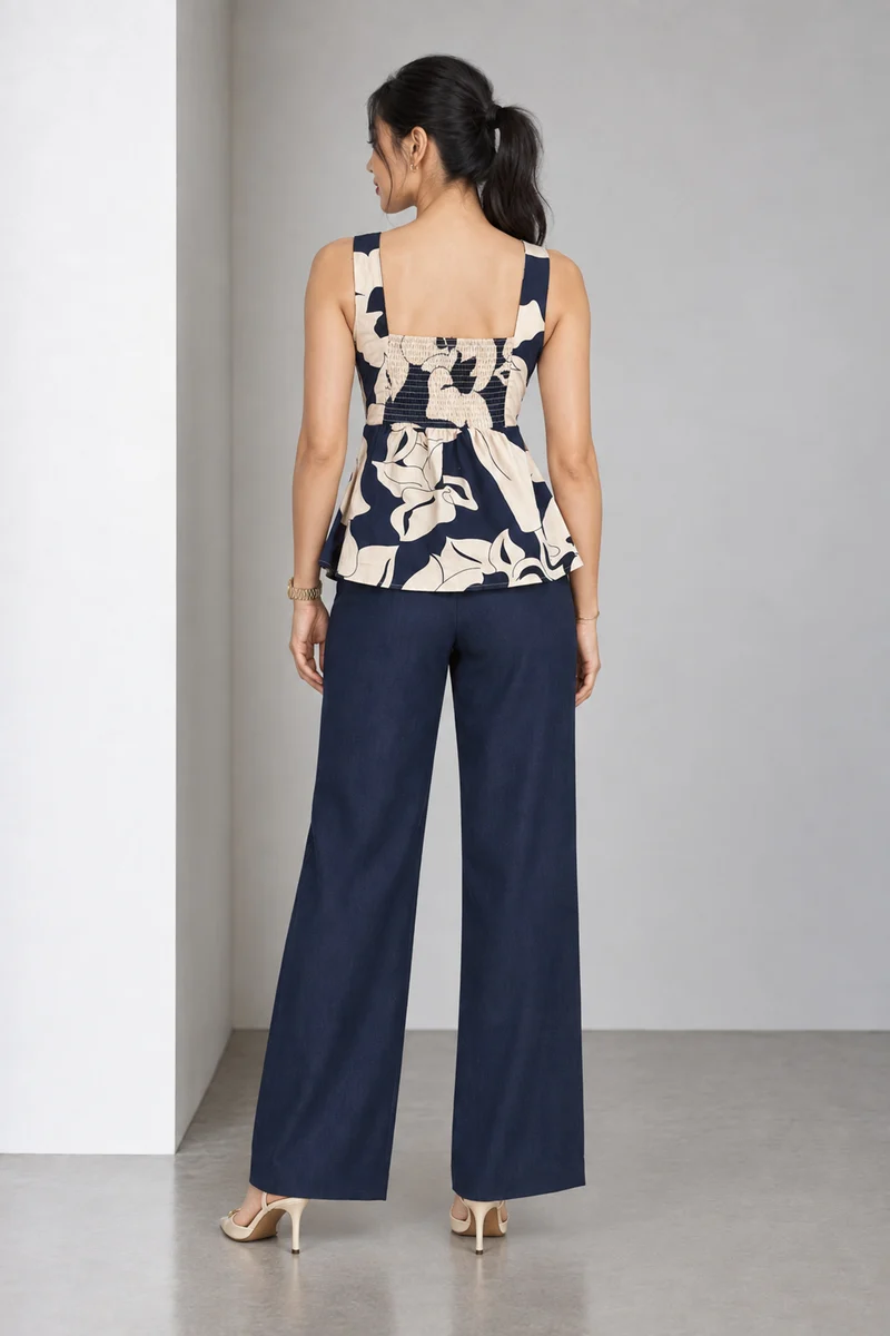Lucen|Printed Poplin Slub Peplum Top
