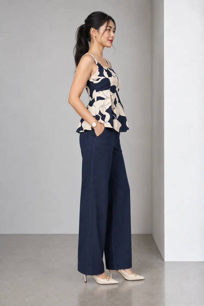 Lucen|Printed Poplin Slub Peplum Top