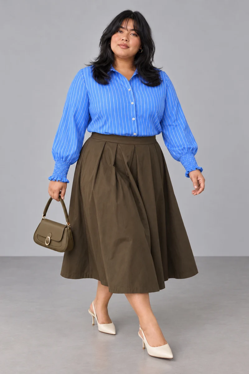 Cyris|Classic Collar Button Front Smocked Cuff Stripe