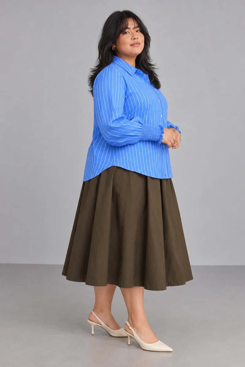 Cyris|Classic Collar Button Front Smocked Cuff Stripe