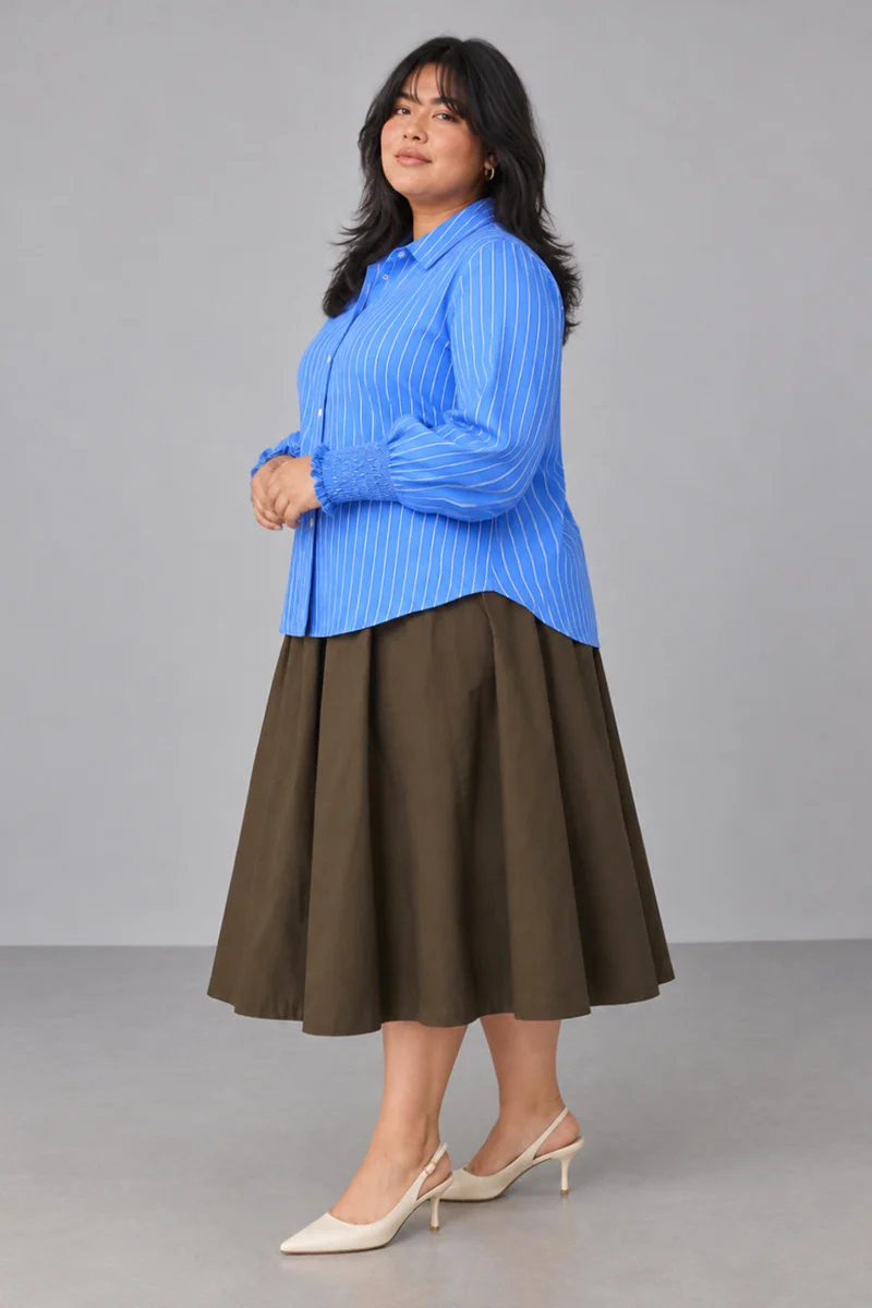 Cyris|Classic Collar Button Front Smocked Cuff Stripe