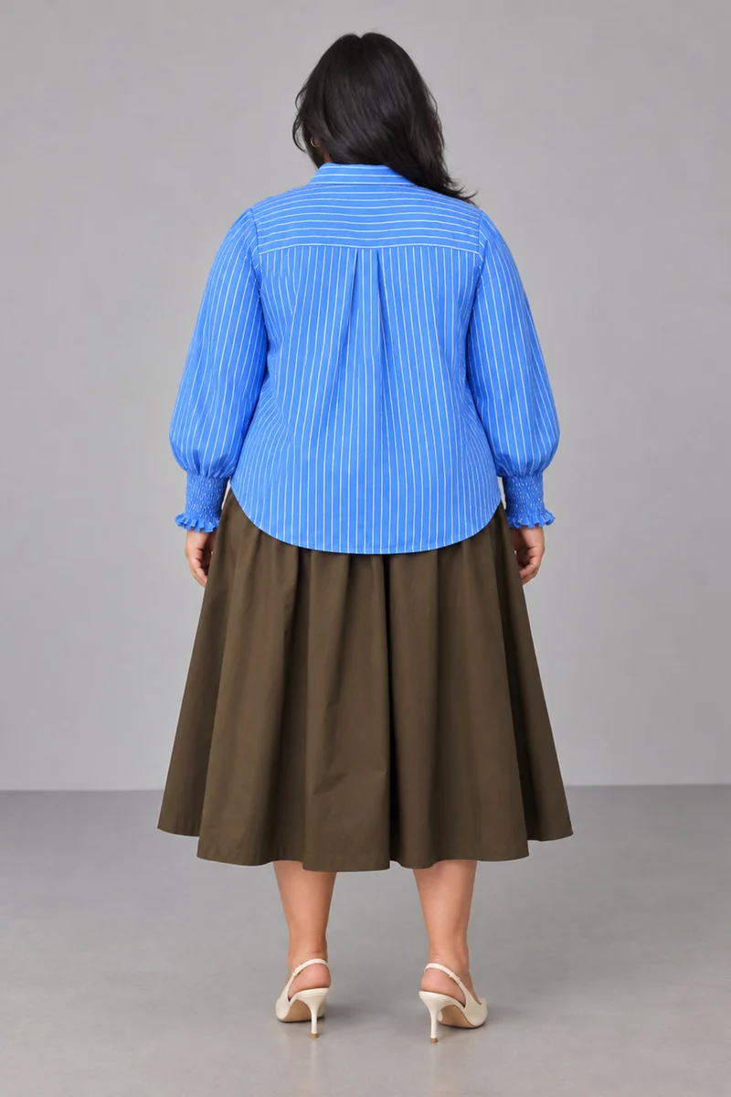 Cyris|Classic Collar Button Front Smocked Cuff Stripe