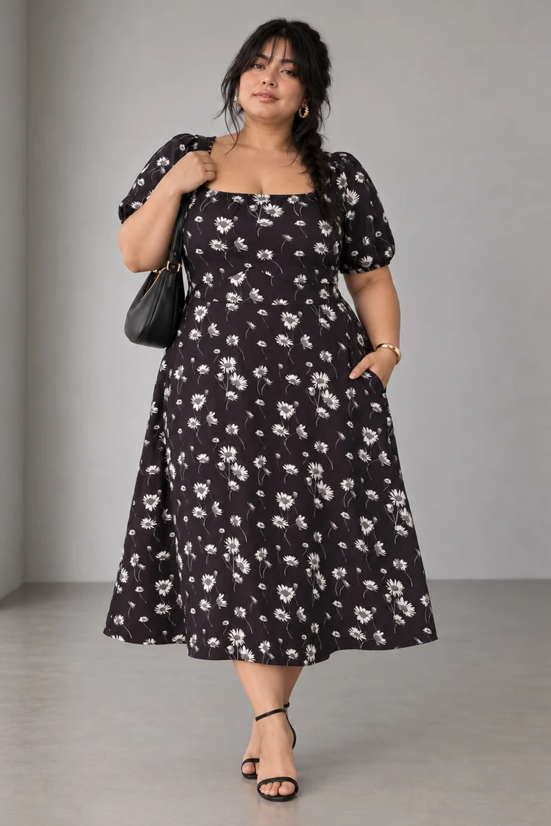 Petn|Viscose Square Neck Midi Dress