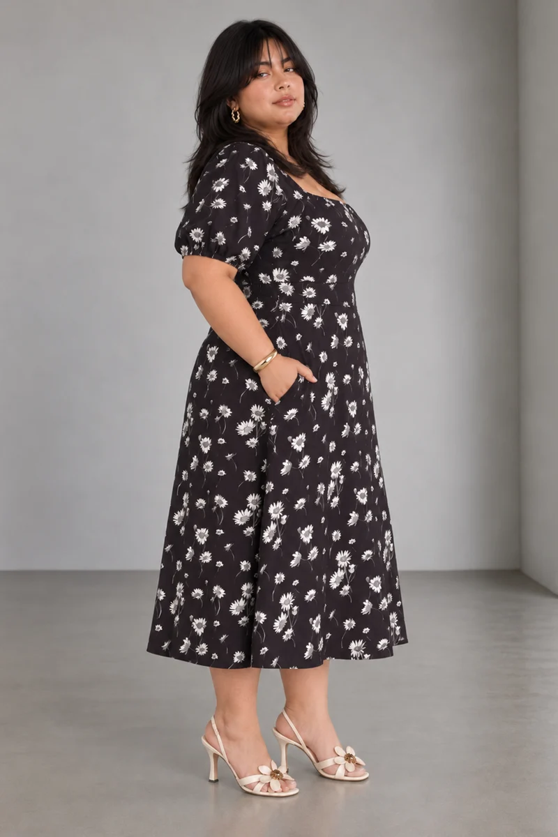 Petn|Viscose Square Neck Midi Dress