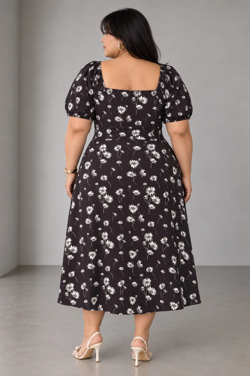 Petn|Viscose Square Neck Midi Dress