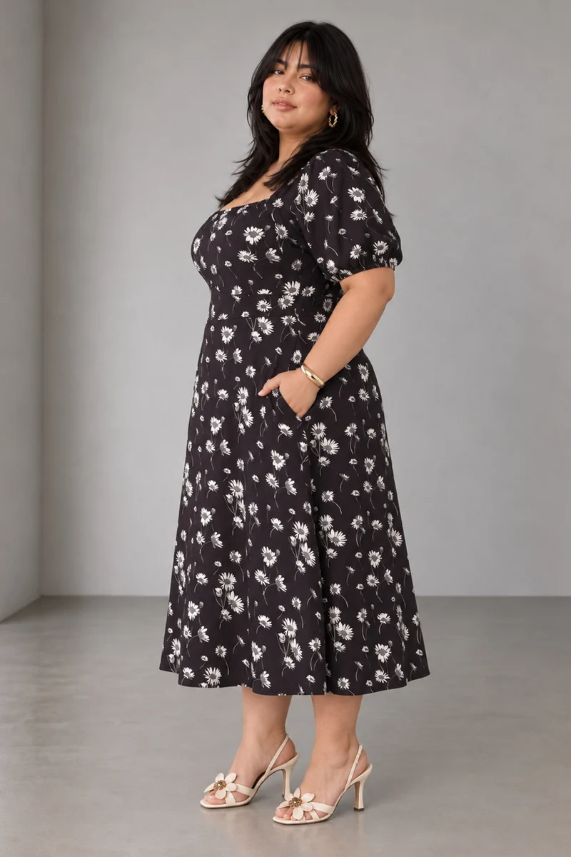 Petn|Viscose Square Neck Midi Dress