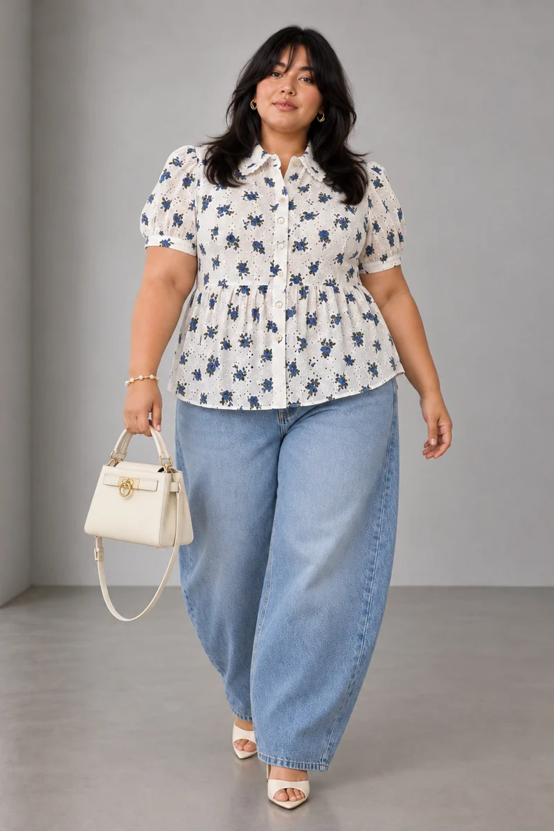 Tansy|Cotton Schiffli Peplum Collared Top