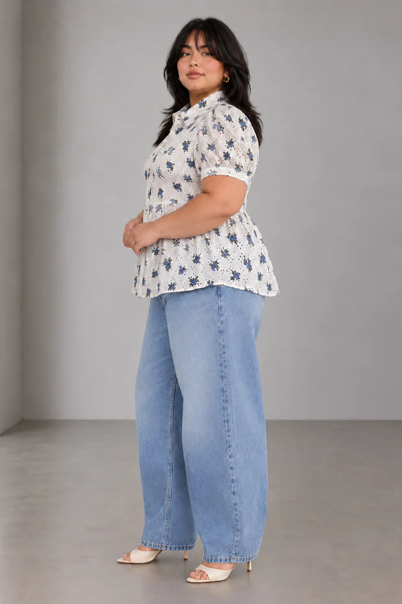 Tansy|Cotton Schiffli Peplum Collared Top